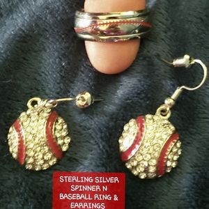 BASEBALL JEWELRY.  SPINNING RING WITH EARRINGS